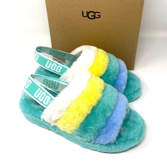 UGG FLUFF YEAH Women Size 8 1097169 TPMLT Green Fur Sheep Slides Slipper Sandal - Picture 4 of 10